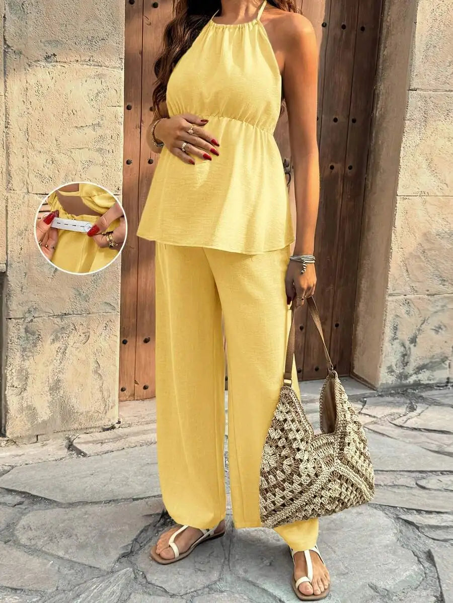 Maternity Two Piece Set Solid Color Halter Top And Adjustable Waist Wide Leg Pants Summer Casual Outfit