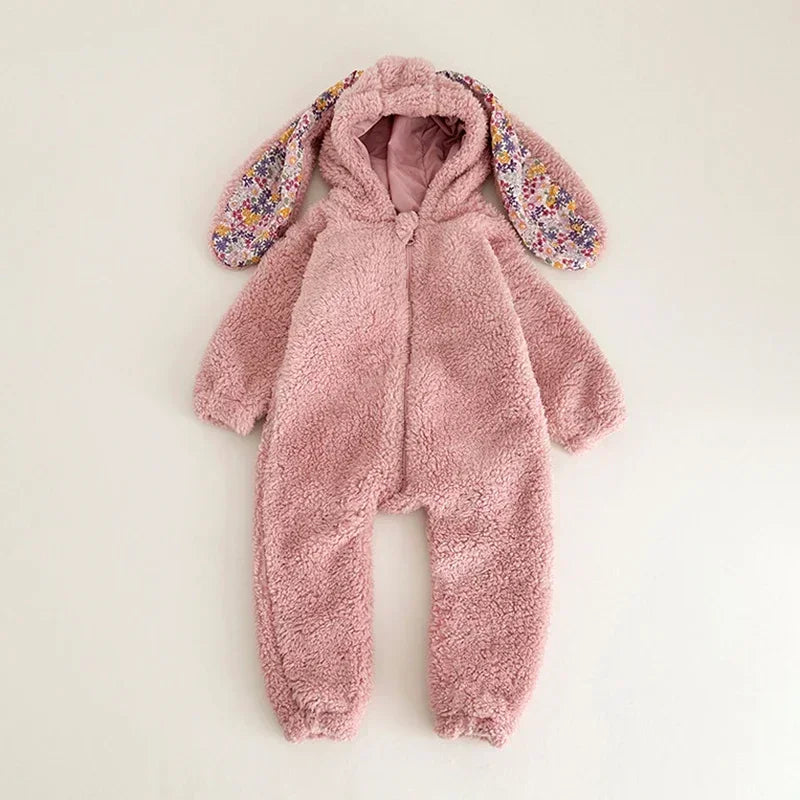 Warm Fleece Baby Rabbit Romper for Autumn Spring Newborn Hooded Pajamas Jumpsuits Toddler Plush Homewear Clothes
