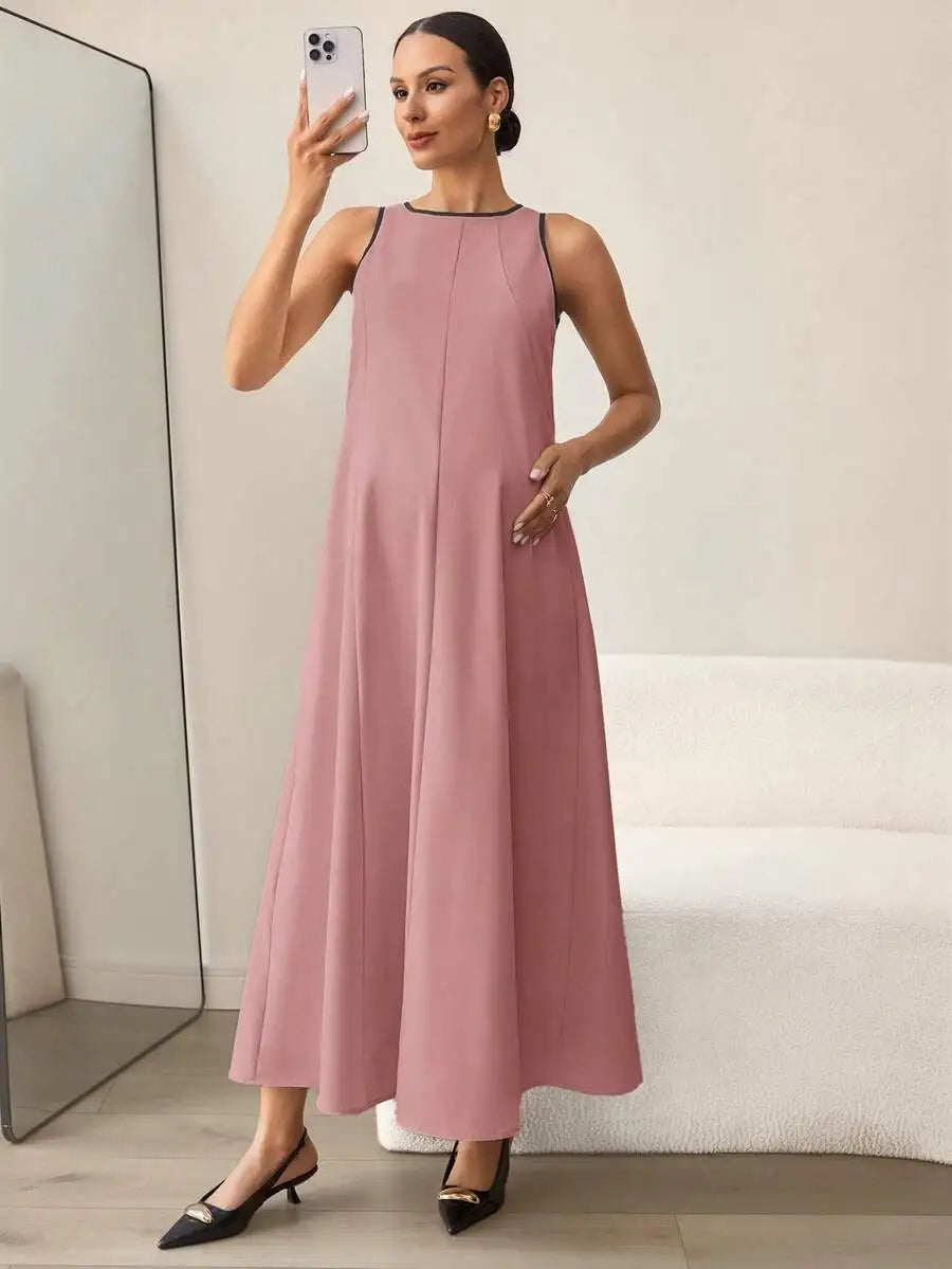Beige Sleeveless Maternity Dress Ankle Length Casual Summer Women