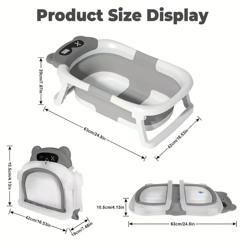 Foldable baby bathtub set with temperature monitor, portable travel foldable baby bathtub, non-slip base, durable design,