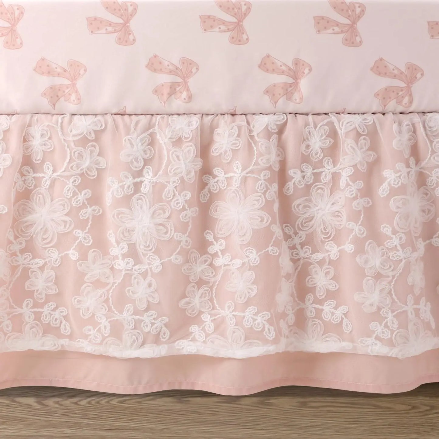 3 Piece Baby Crib Bedding Set for Girls - Cotton Fitted Sheet, Dust Ruffle, Comforter - Pink Floral Nursery Decor, Newborn to Toddler