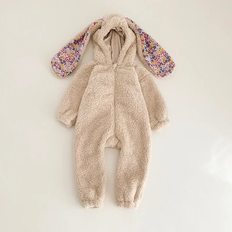 Warm Fleece Baby Rabbit Romper for Autumn Spring Newborn Hooded Pajamas Jumpsuits Toddler Plush Homewear Clothes