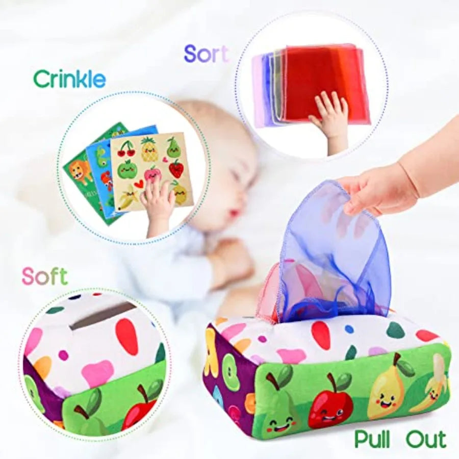 Baby Toys 6 to 12 Months - Tissue Box Toy Montessori for Babies 6-12 Months, Soft Stuffed High Contrast Crinkle Infant Sensory