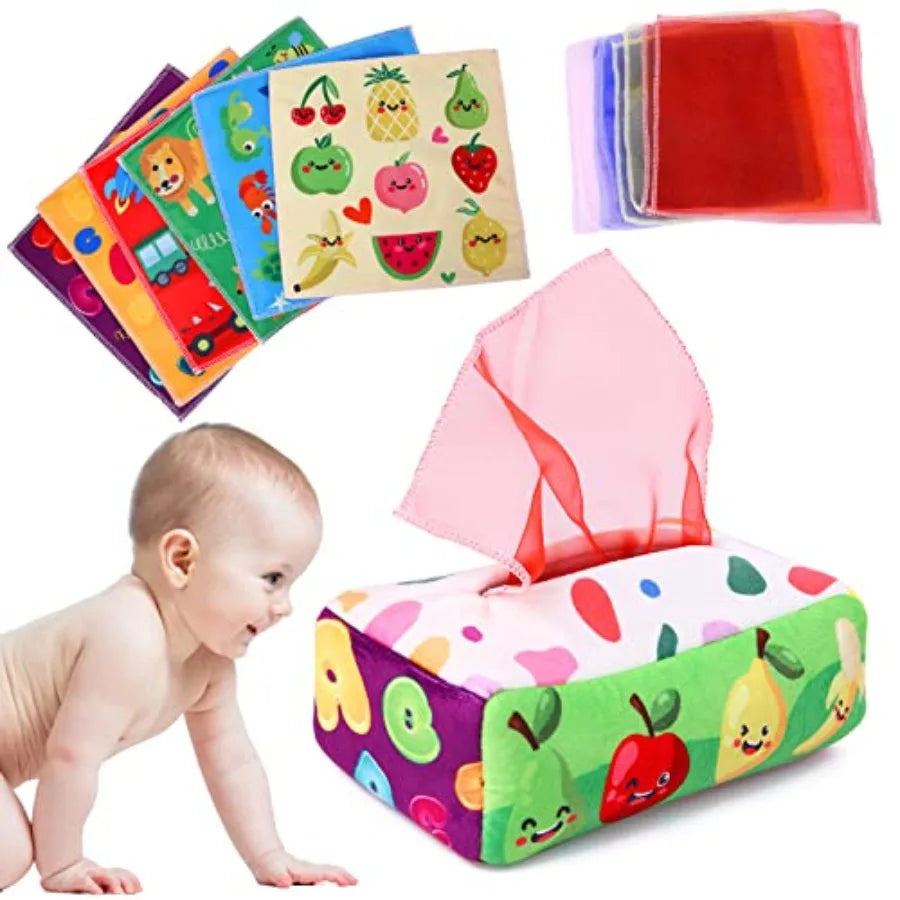 Baby Toys 6 to 12 Months - Tissue Box Toy Montessori for Babies 6-12 Months, Soft Stuffed High Contrast Crinkle Infant Sensory