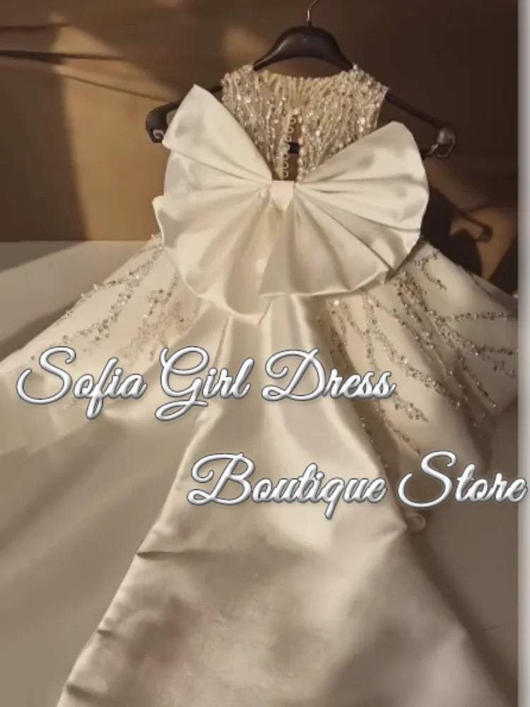 Vintage Flower Girl Dress Sleeveless Ivory Holy First Communion Dress Long Satin Wedding Prom Birthday Party Vestidos for Girls
