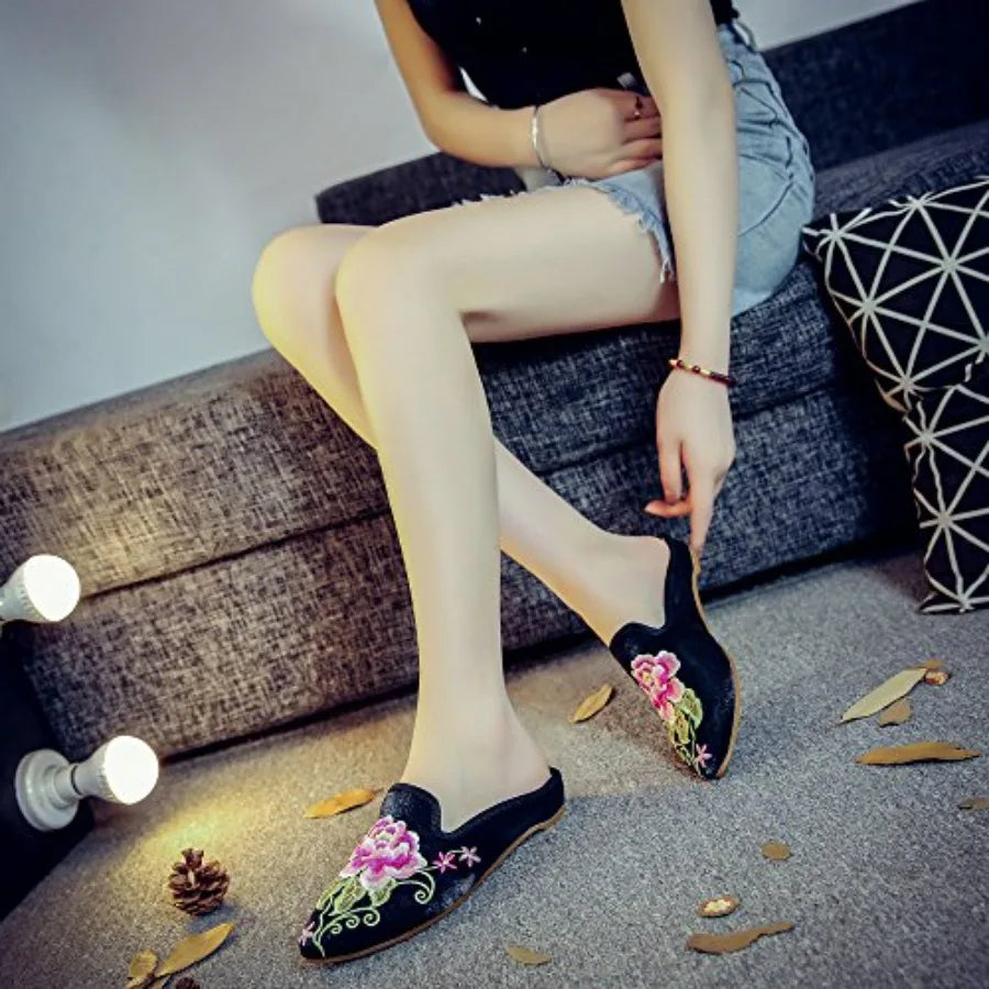 Home Women's Chinese Floral Peony Embroidery Pointed-Toe Comfortable Satin Casual Mules House Pumps Slippers Shoes