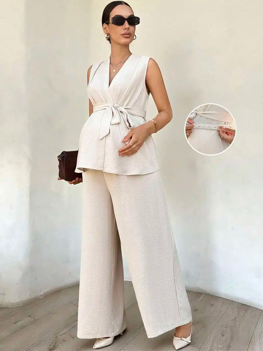 Maternity Two Piece Set Sleeveless Top With Belt And Wide Leg Pants Summer Elegant Outfit
