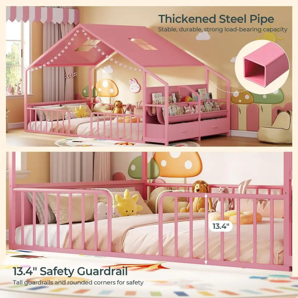 Montori Style Toddler Bed with Safety Guardrails, Sling Bookshelves, and Storage Drawers for Kids' Bedroom, Nursery, or Playhous