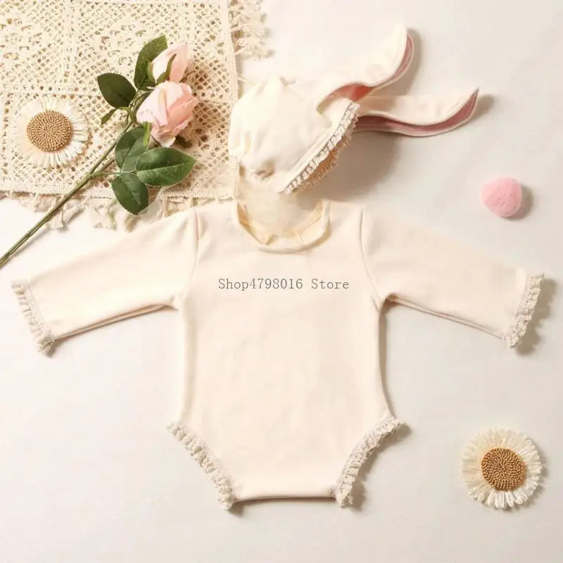 Baby Rabbit Ears Photography Outfit Rabbit Hat Bodysuit Set for Newborn Photo