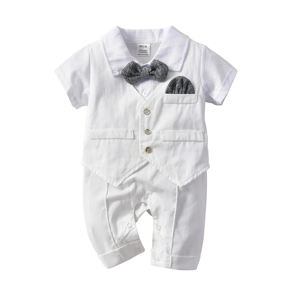 White Christening Baby Clothes for Boy Outfit Gentleman SuitsBow Tie Romper Infant Newborn Bodysuits Newborn Photography Romper