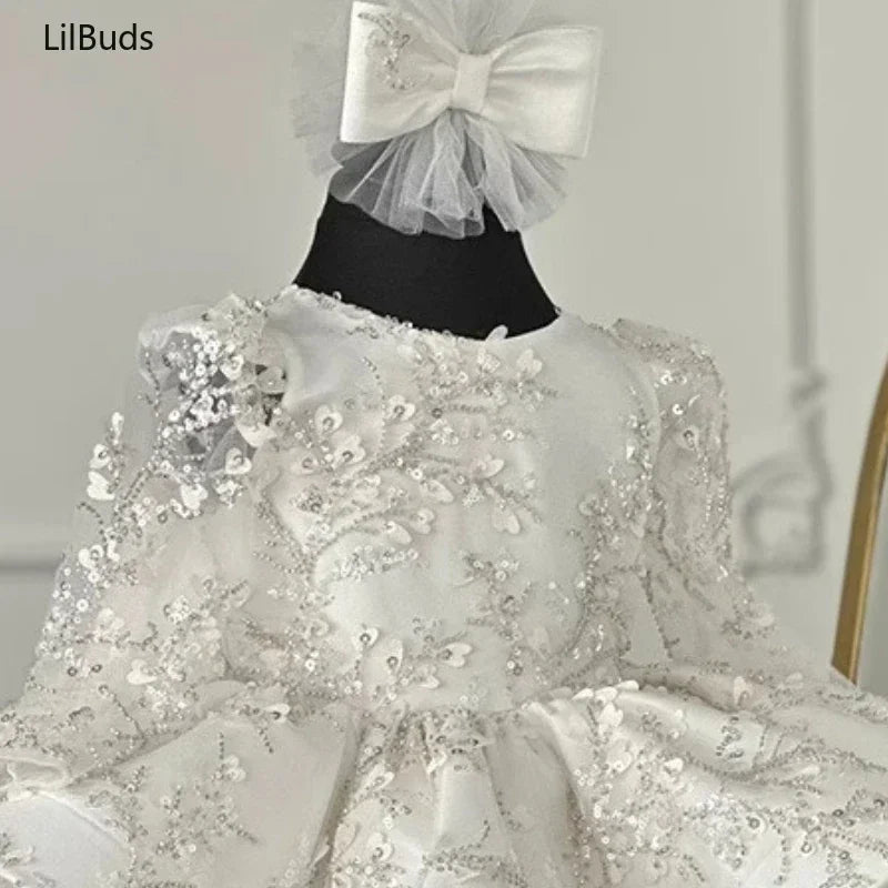 Children's Princess Elegant Dress for Girl Costume New Baby Kid Long Sleeve Silver Grey Handmade Decal Girls Puffy Party Clothes