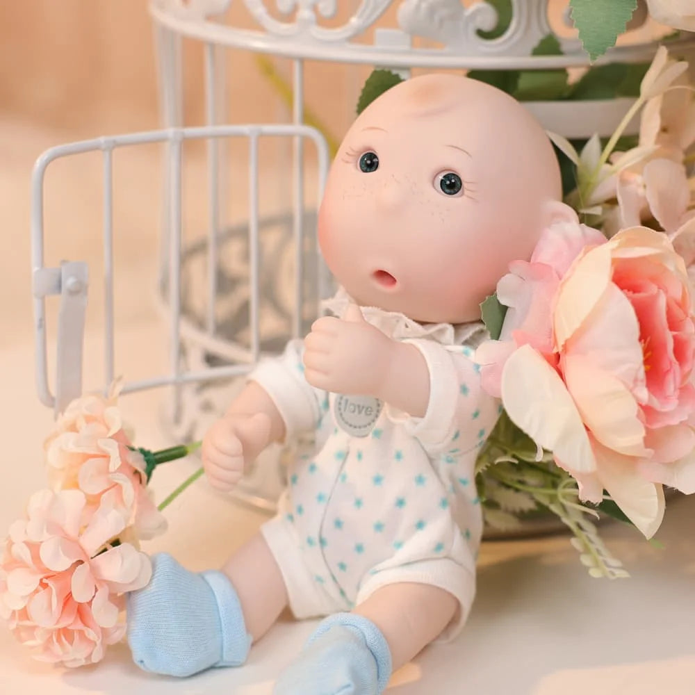 Cloveray Original 7 Inch Cute Soft Vinyl Baby Rebirth Doll Blue Polka Dot Jumpsuit Washable Baby Birthday Toy