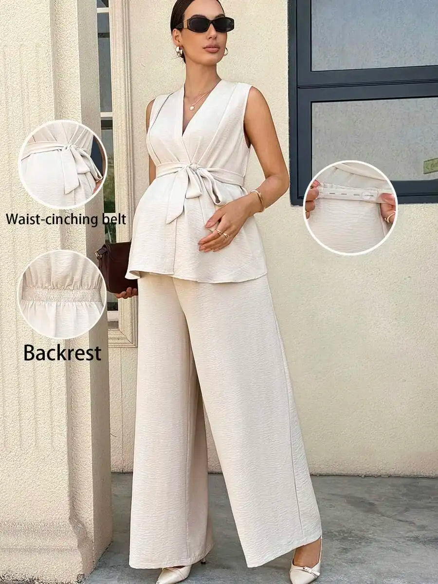 Maternity Two Piece Set Sleeveless Top With Belt And Wide Leg Pants Summer Elegant Outfit