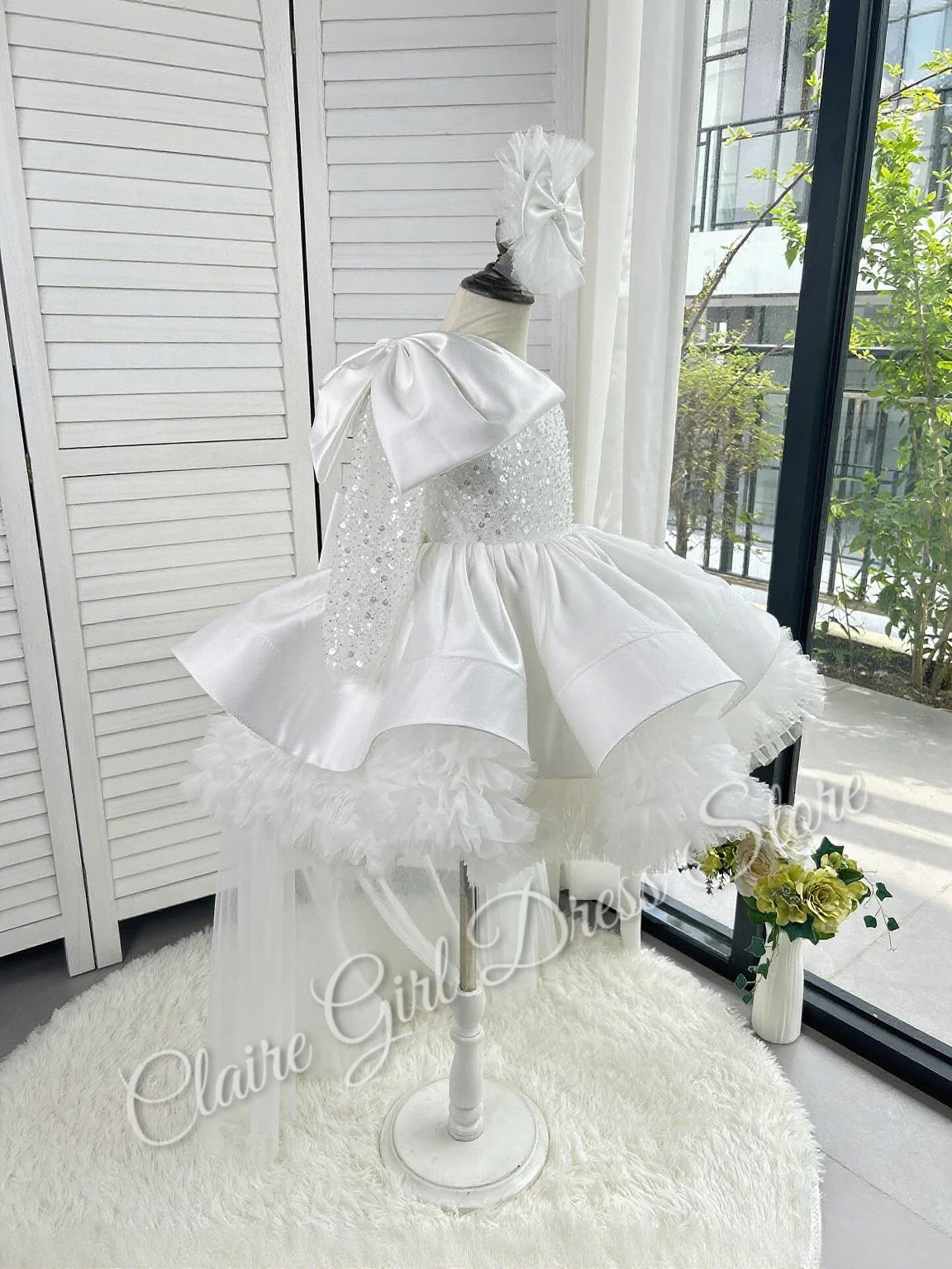 Customized White Flower Girl Dress For Wedding Puffy One Shoulder Sequins With Bow Kids Birthday Princess First Communion Gowns