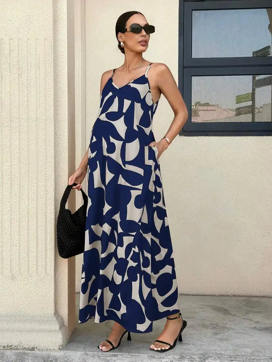 Elegant Black And White Geometric Print V-Neck Sleeveless Maternity Maxi Dress For Summer Holiday Casual Outing