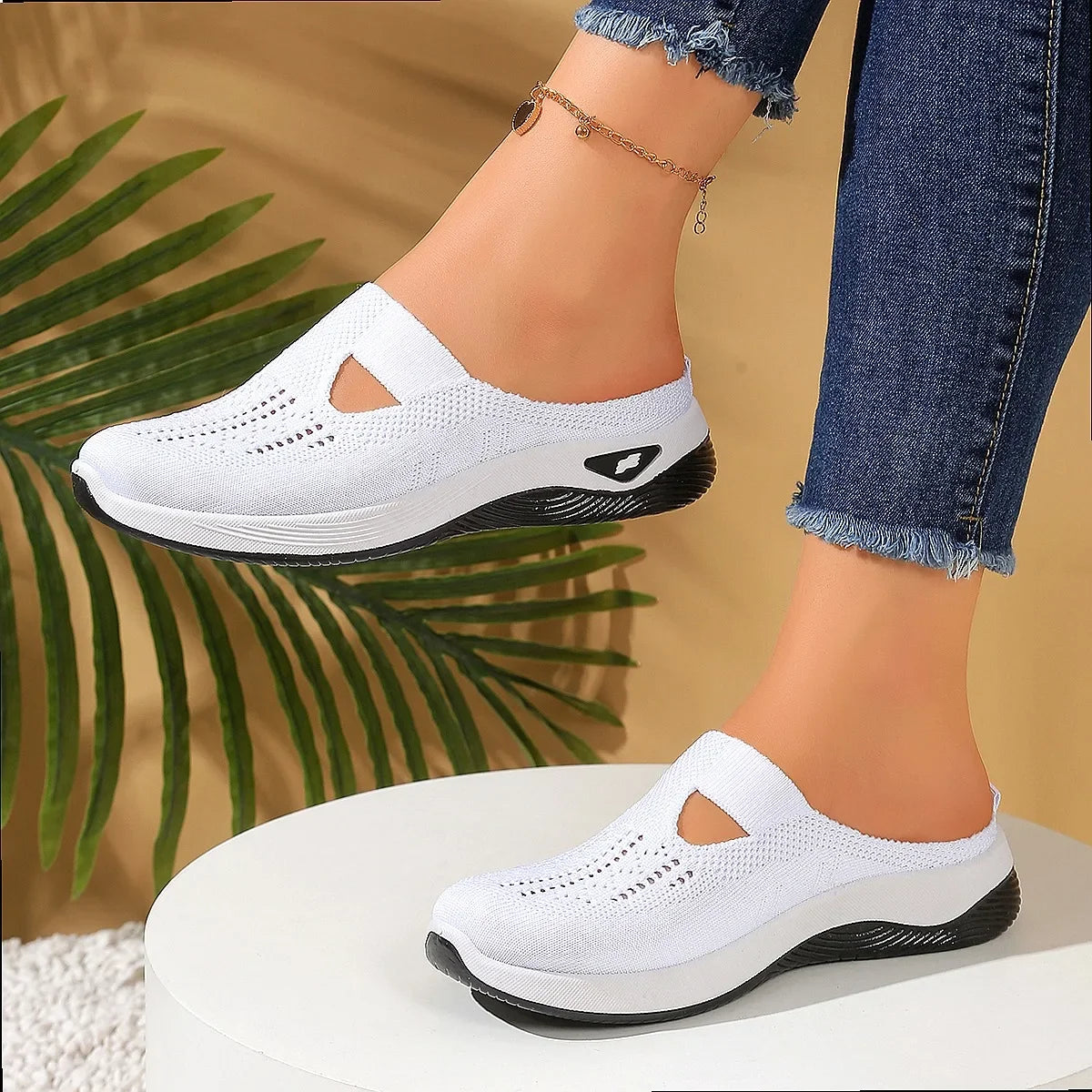 Women Summer Half Slippers Breathable Vent Comfortable Indoor House Shoes Non Slip Flat Sandals