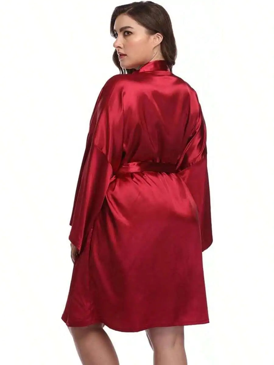 Women Plus Size Short Satin Kimono Robe Sleepwear Silky Dressing Gown