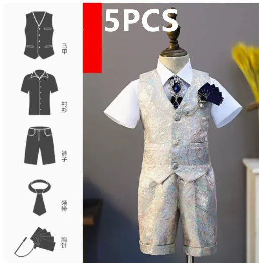 5PCS Children's Formal Vest Suit Wedding Birthday Baptism Party Boy Gown Piano Performance Costume Kids Waistcoat Sets A2174