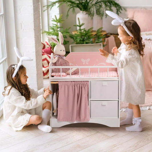 Robotime Baby Doll Crib Wooden Toy Baby Crib with Storage Bedding Wooden Hooks Doll Crib Fits Dolls up to 21" for Girls 3+ Pink