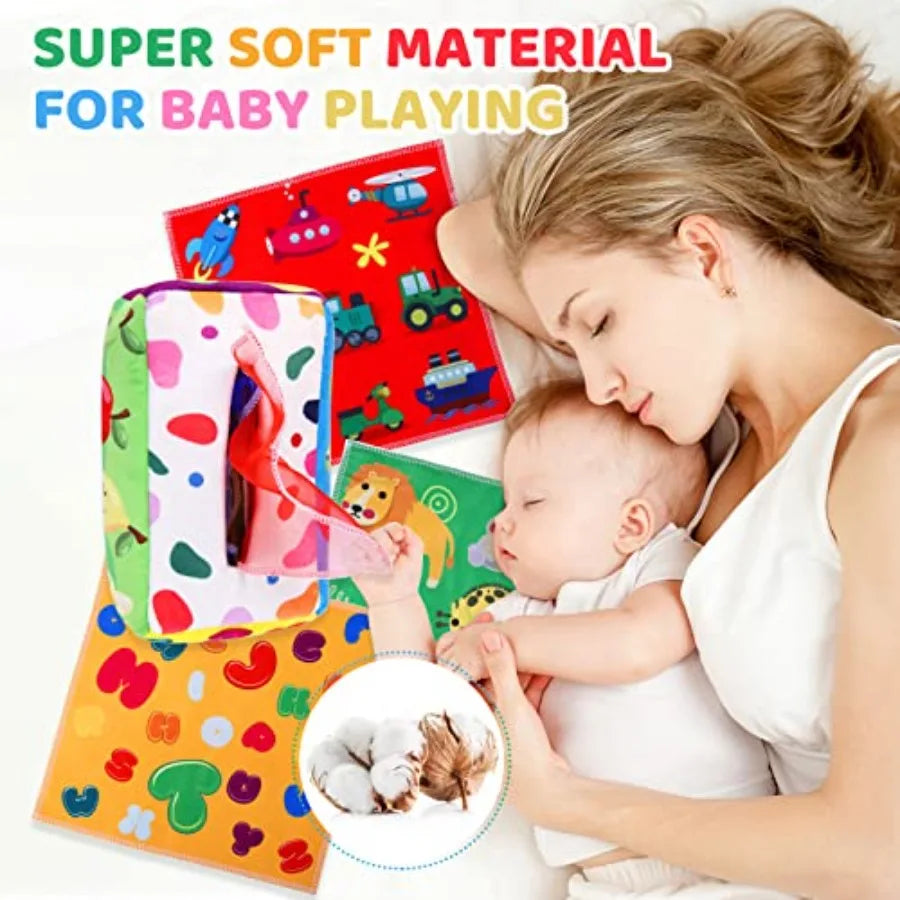 Baby Toys 6 to 12 Months - Tissue Box Toy Montessori for Babies 6-12 Months, Soft Stuffed High Contrast Crinkle Infant Sensory