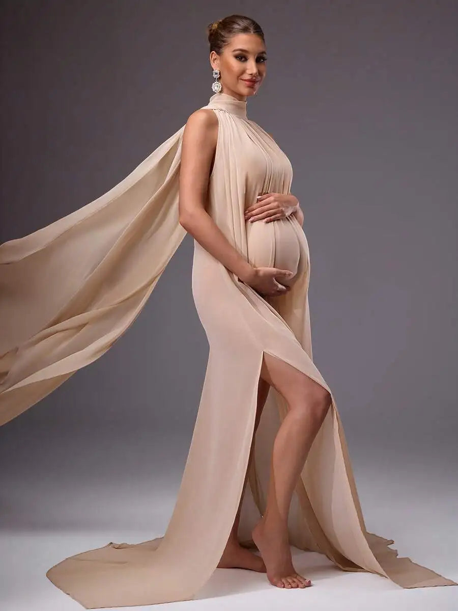 Elegant Maternity Dress Solid Color Chiffon High Neck Slit Gown For Photoshoot Baby Shower