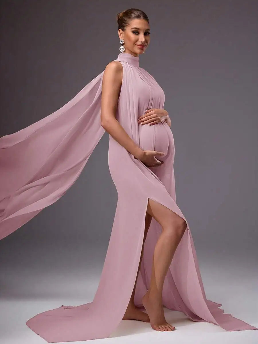 Elegant Maternity Dress Solid Color Chiffon High Neck Slit Gown For Photoshoot Baby Shower