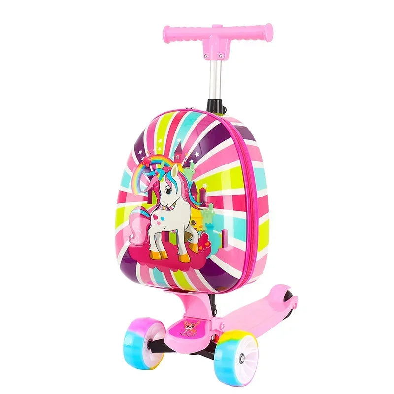 Scooter Suitcase Folding Kids Luggage 16 Inch Hardshell Ride On with Wheels 2-in-1 Large Capacity Traveling Gift for Boys Girls