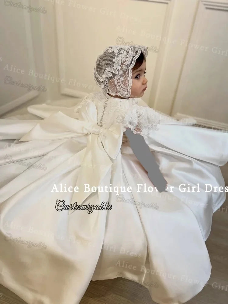 White Lace Satin Baby Girls Christening Ball Gowns Dresses Newborn Baby Baptism Clothes Princess Lace 1st Year Birthday Dress