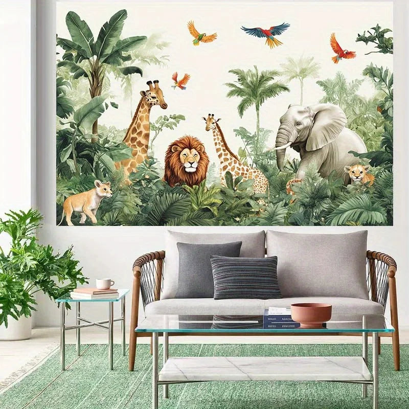 Jungle Safari Animal Tapestry Wall Hanging Tropical Forest Decor Canvas Print Realistic Giraffe Lion Elephant Nursery Room