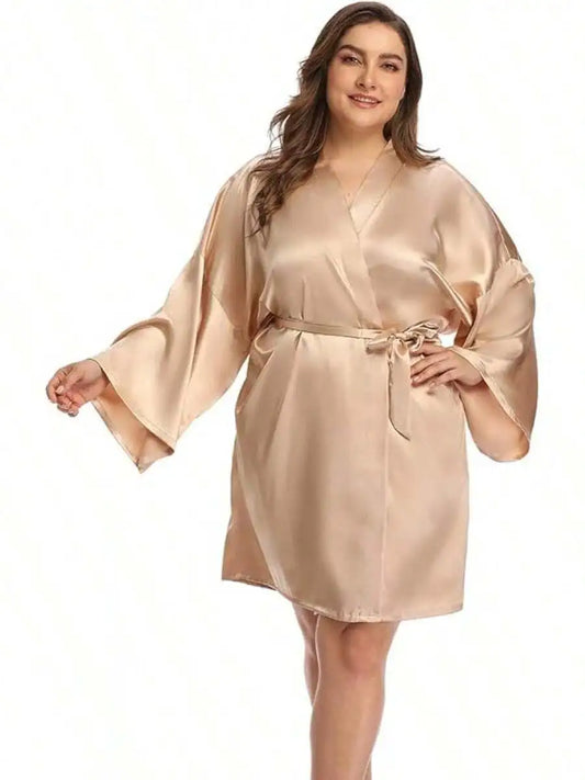 Women Plus Size Short Satin Kimono Robe Sleepwear Silky Dressing Gown