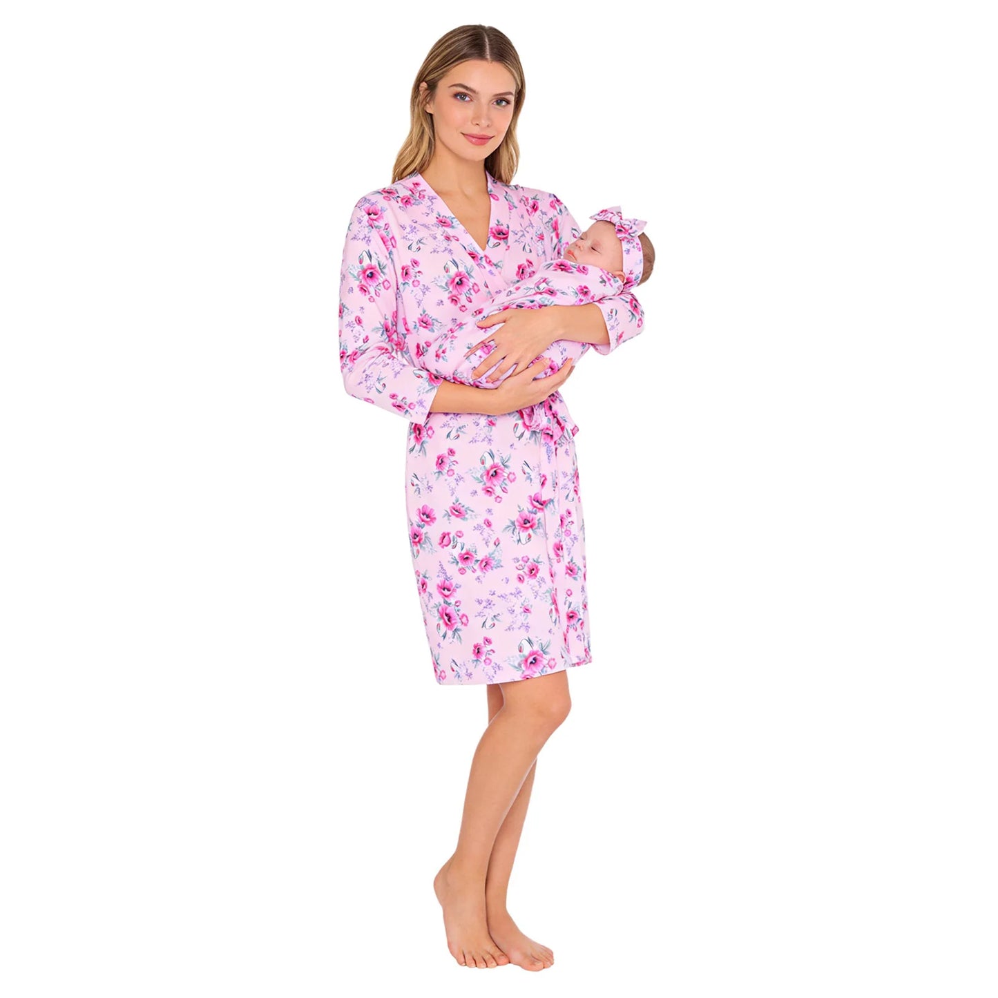 Maternity Robe And Baby Receiving Blanket Long Sleeve Belted Mommy Labor Delivery Robe with Swaddle Headband Set Hospital Outfit