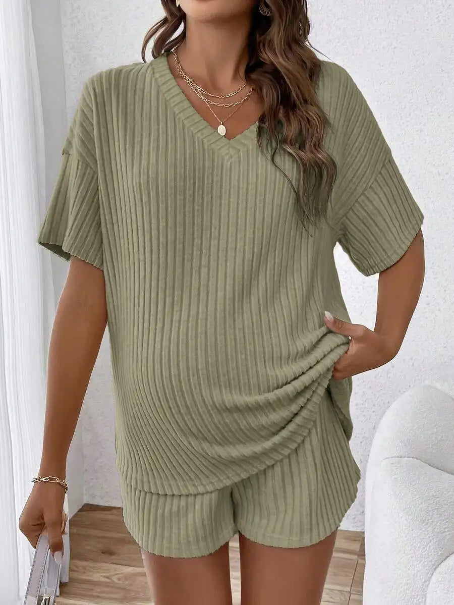 Casual V-Neck Short Sleeve Ribbed Maternity Top And Shorts Set Adjustable Waist