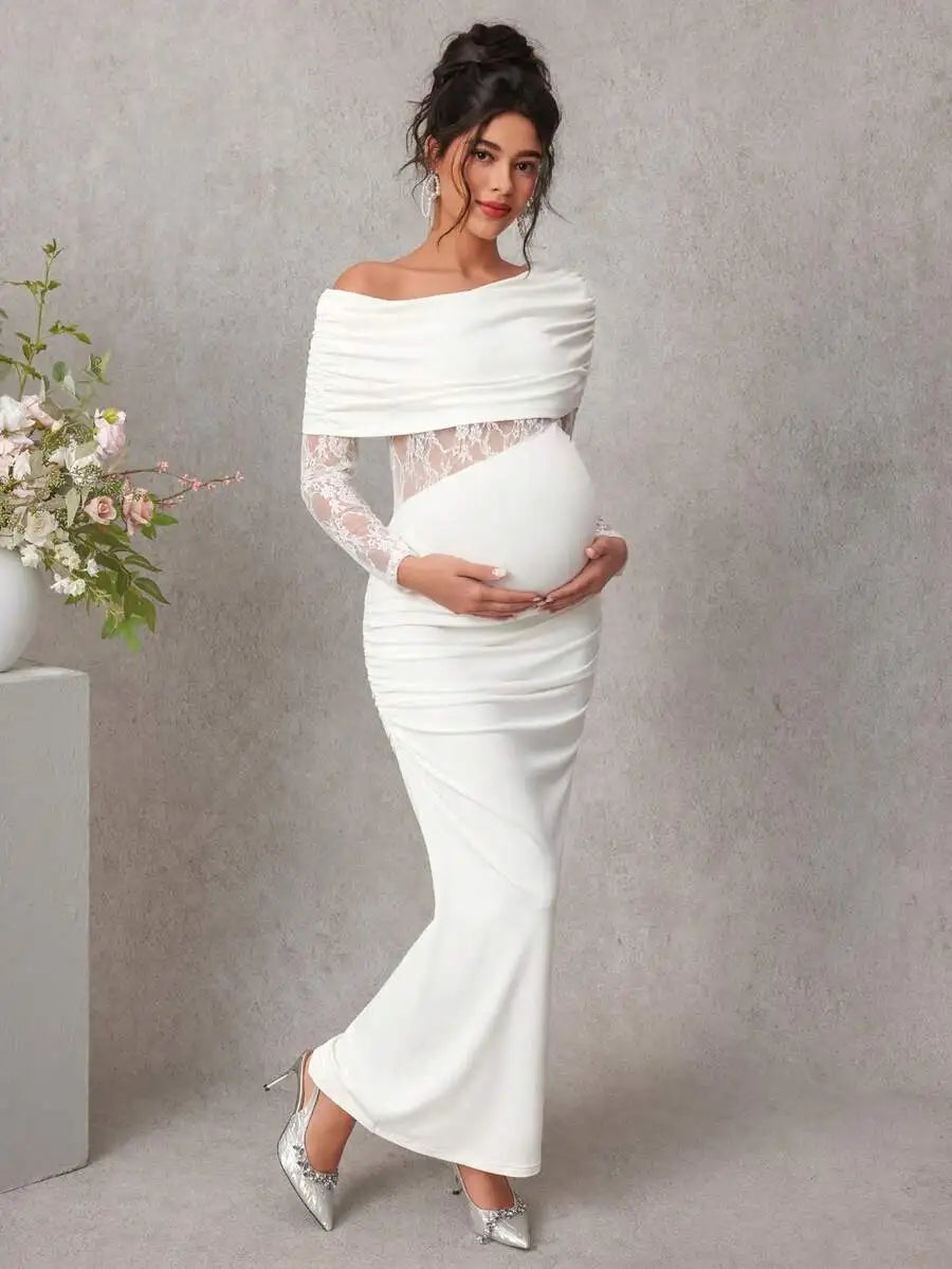 Maternity Lace Patchwork White Long Sleeve Fitted Dress For Pregnant Women Spring Autumn