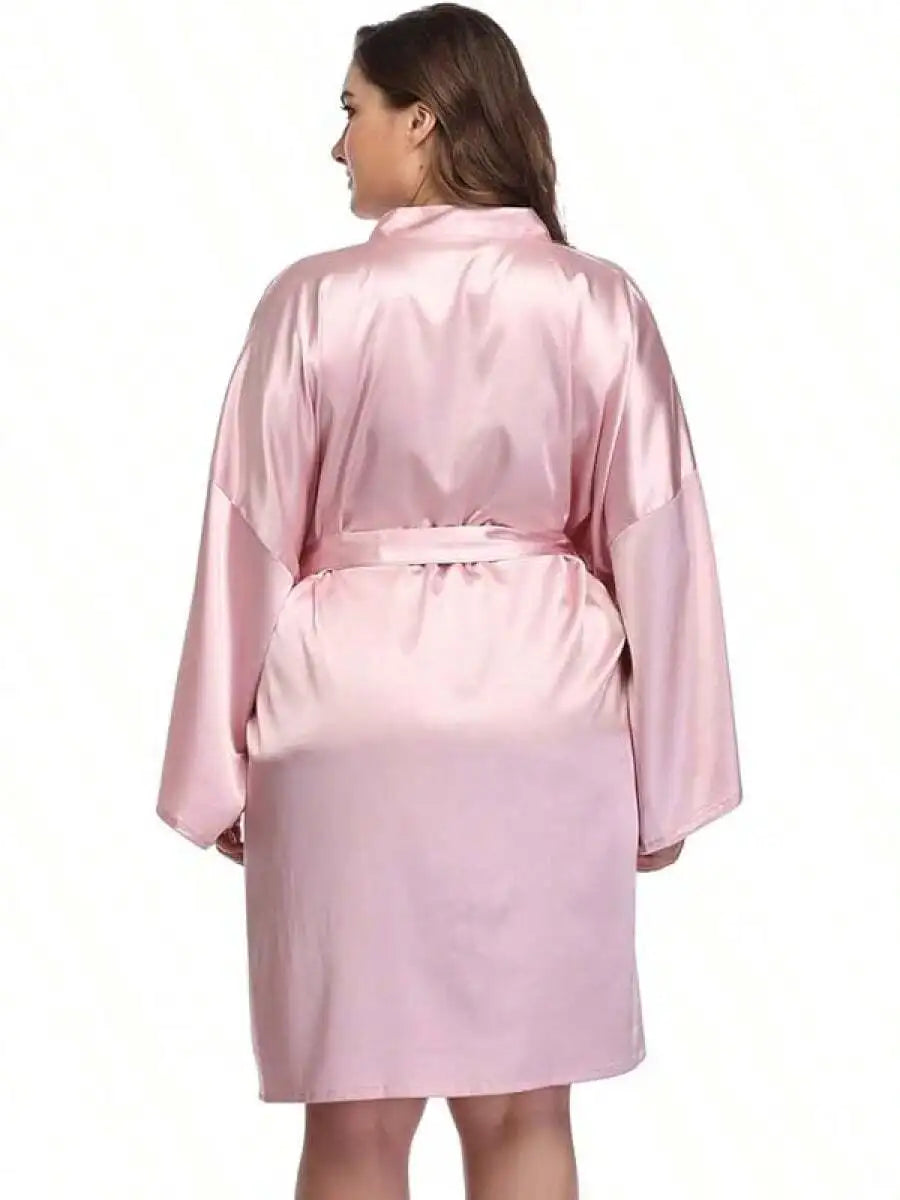 Women Plus Size Short Satin Kimono Robe Sleepwear Silky Dressing Gown
