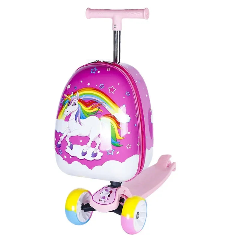 Scooter Suitcase Folding Kids Luggage 16 Inch Hardshell Ride On with Wheels 2-in-1 Large Capacity Traveling Gift for Boys Girls