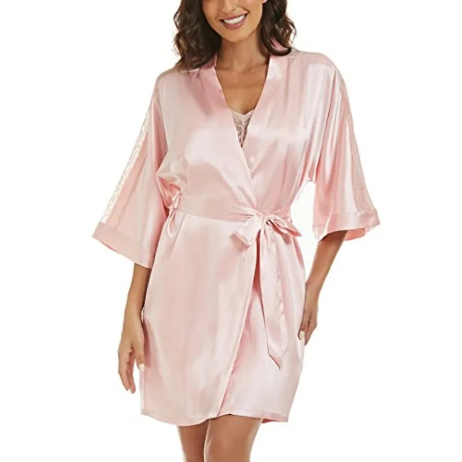 Women's Silk Pajama Sets Satin Robe with Nightgown 2 Pcs Sleepwear Sexy Lace Cami Nightwear Kimono Bridesmaid Robes