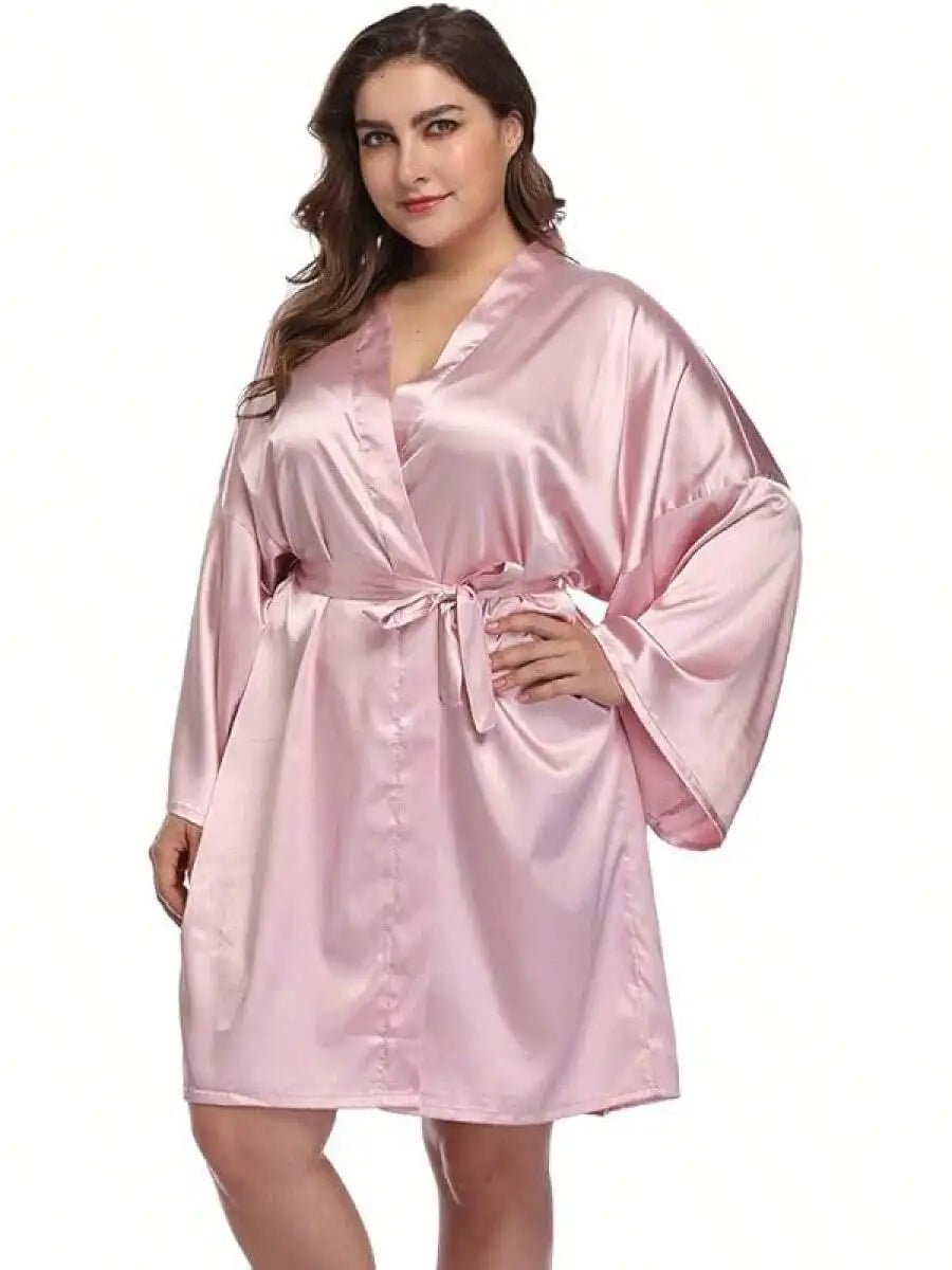 Women Plus Size Short Satin Kimono Robe Sleepwear Silky Dressing Gown