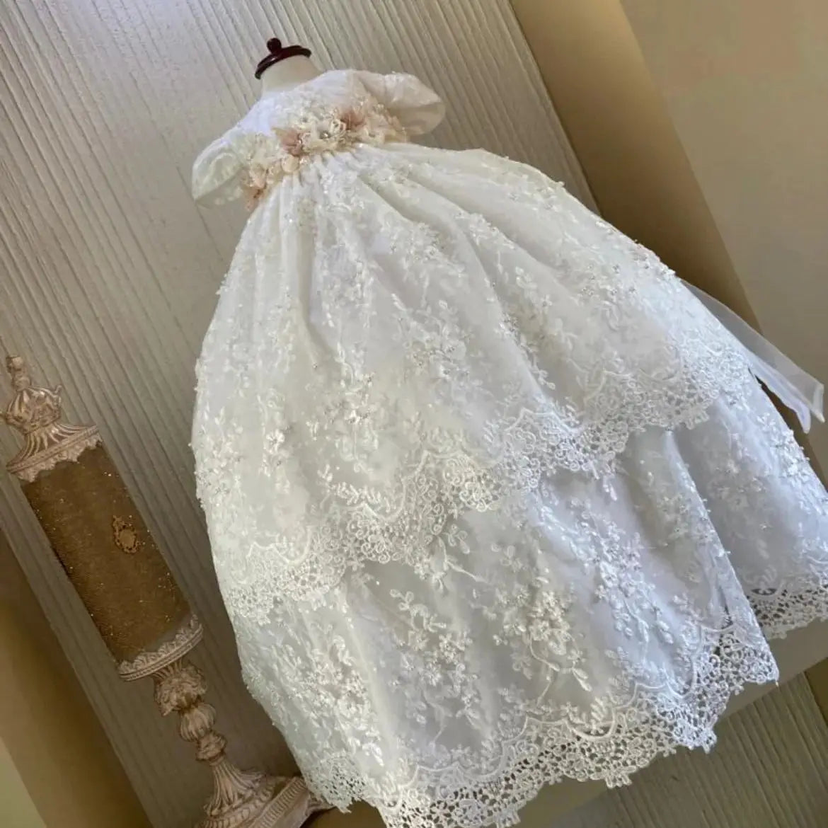 Lace Pearls Baptism Christening Gown Outfit Baby Girls Party Birthday Gown Wedding Flower Girl Dress