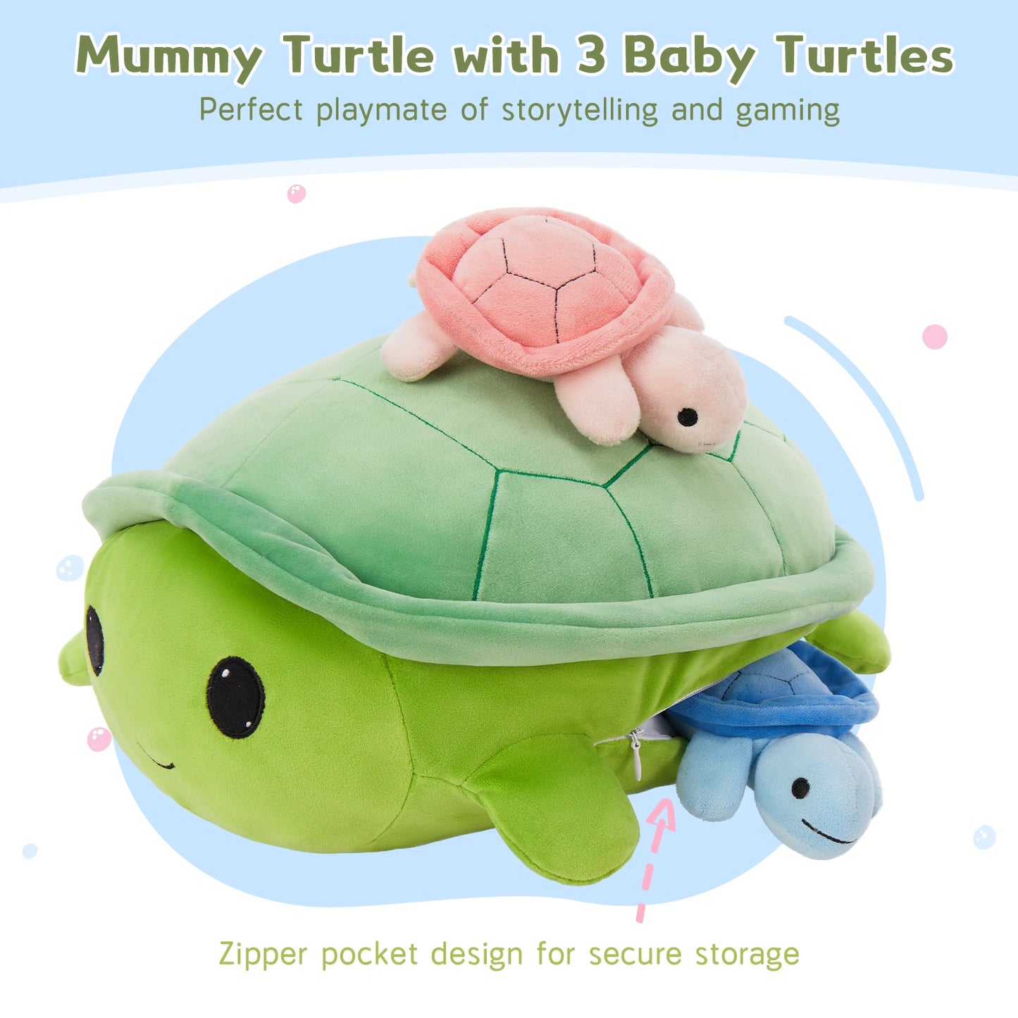 MorisMos 15.7" Giant Turtle Plush, Soft Turtle Stuffed Animal Toy with 3 Baby Turtles Cute Plushie for Kids