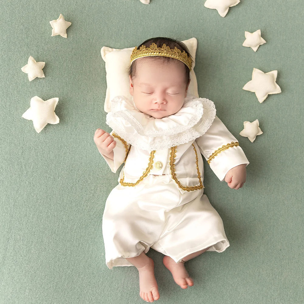Newborn Boy Photography Outfit Noble Prince Costume Headgear Set Crystal Crown Photoshoot Accessories Studio Infant Photo Props