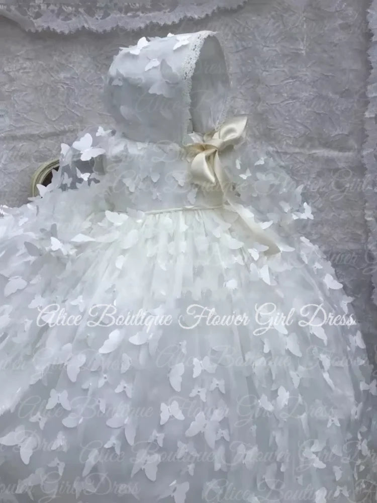 Flower Girl Dresses Butterfully Applique New Born Baby Baptism Gown A-Line Long Sleeves Lovely 3-24 Month Christening Ball Gowns