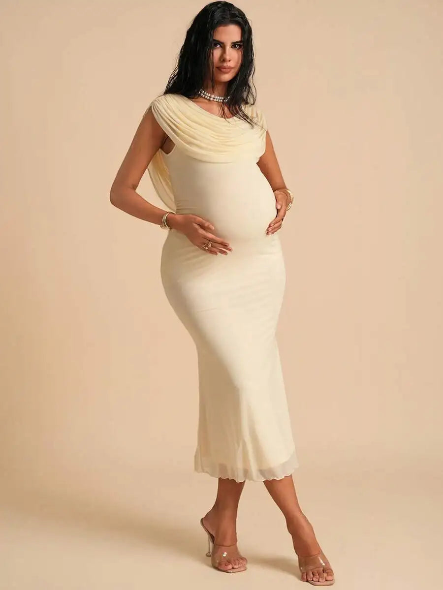 Maternity Solid Color Draped Fitted Elegant Summer Dress Butter Yellow