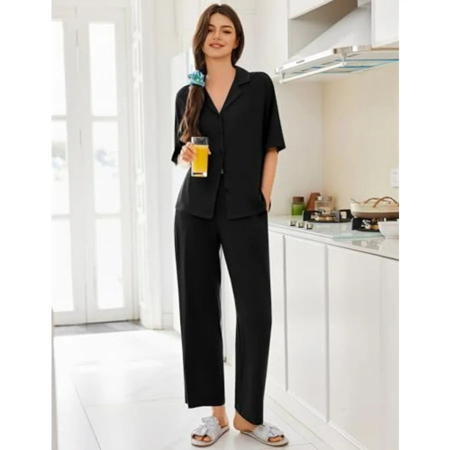Women Pajamas Set Button Down Sleepwear Short Sleeve Pjs Soft Comfy Nightwear with Long Pants S-XXL