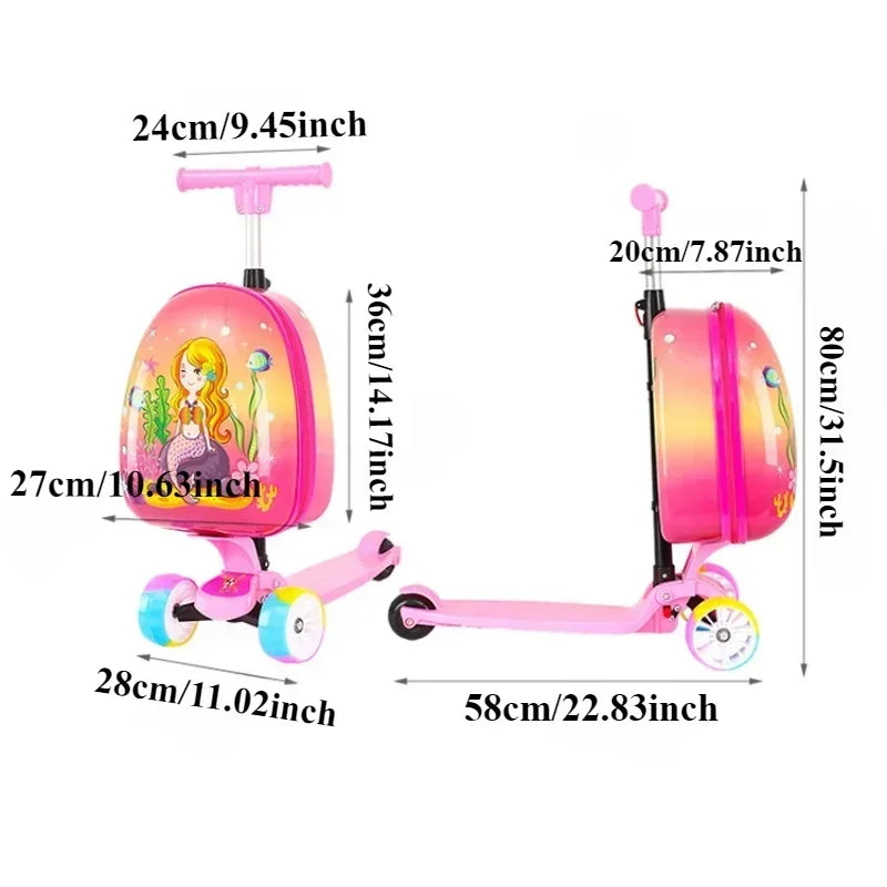 Scooter Suitcase Folding Kids Luggage 16 Inch Hardshell Ride On with Wheels 2-in-1 Large Capacity Traveling Gift for Boys Girls