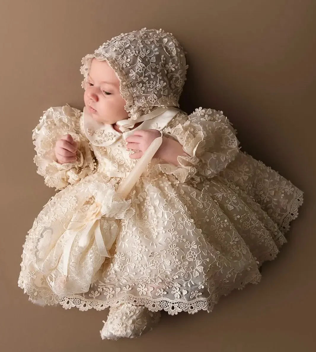 Luxury Christening Gowns for Baby Lace Appliqued Full Sleeves First Communion Dresses Infant Toddler Girls Baptism Dresses