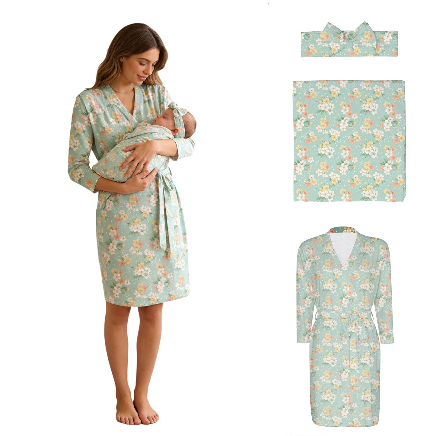 Maternity Robe And Baby Receiving Blanket Long Sleeve Belted Mommy Labor Delivery Robe with Swaddle Headband Set Hospital Outfit