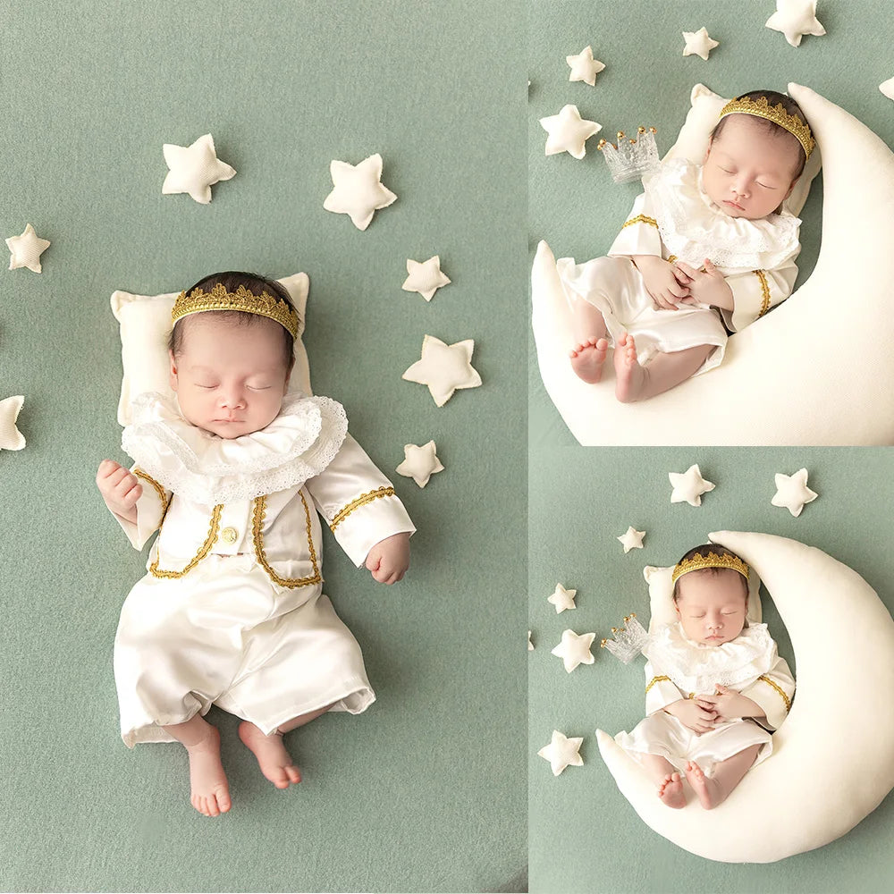 Newborn Boy Photography Outfit Noble Prince Costume Headgear Set Crystal Crown Photoshoot Accessories Studio Infant Photo Props