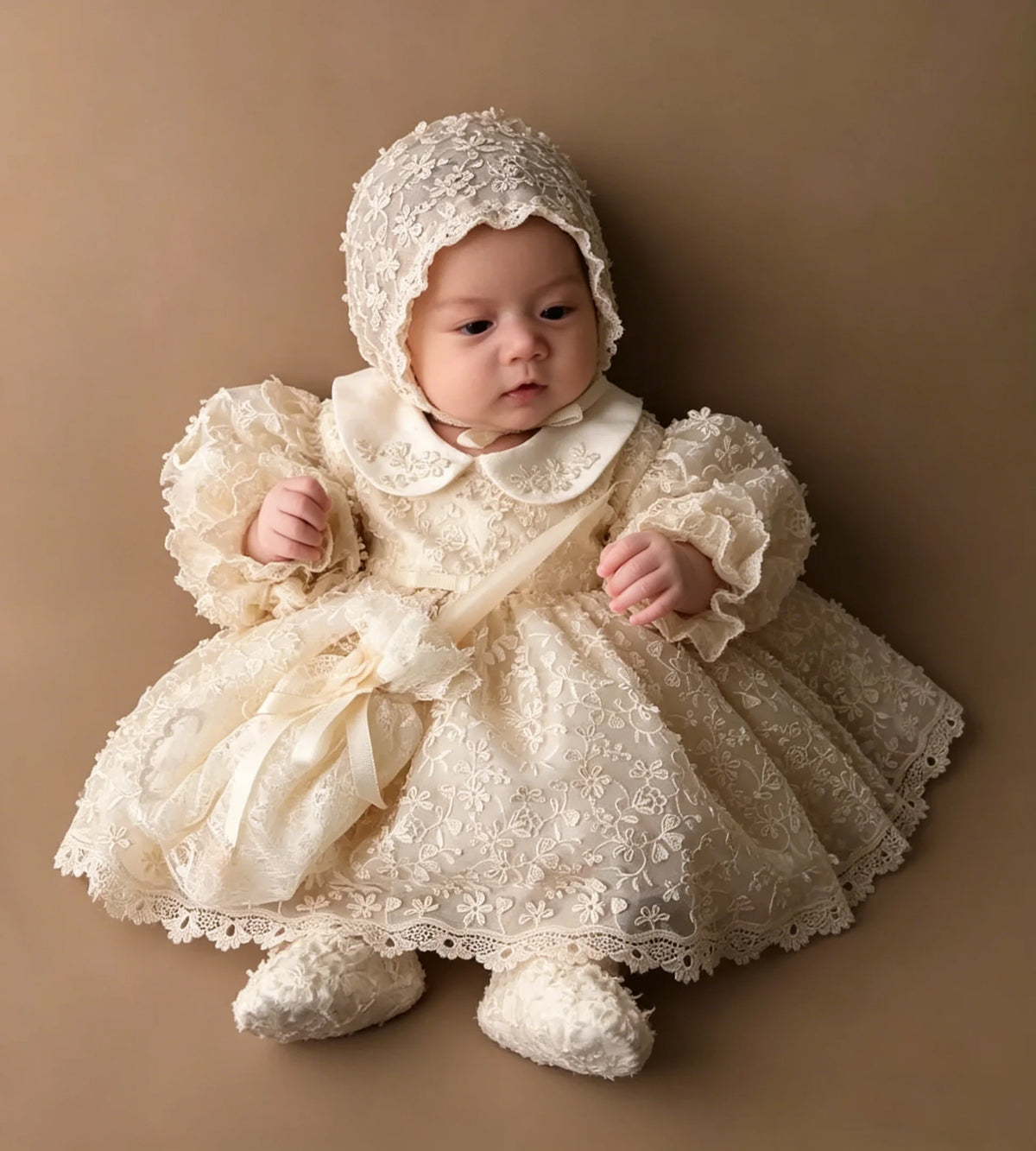 Luxury Christening Gowns for Baby Lace Appliqued Full Sleeves First Communion Dresses Infant Toddler Girls Baptism Dresses