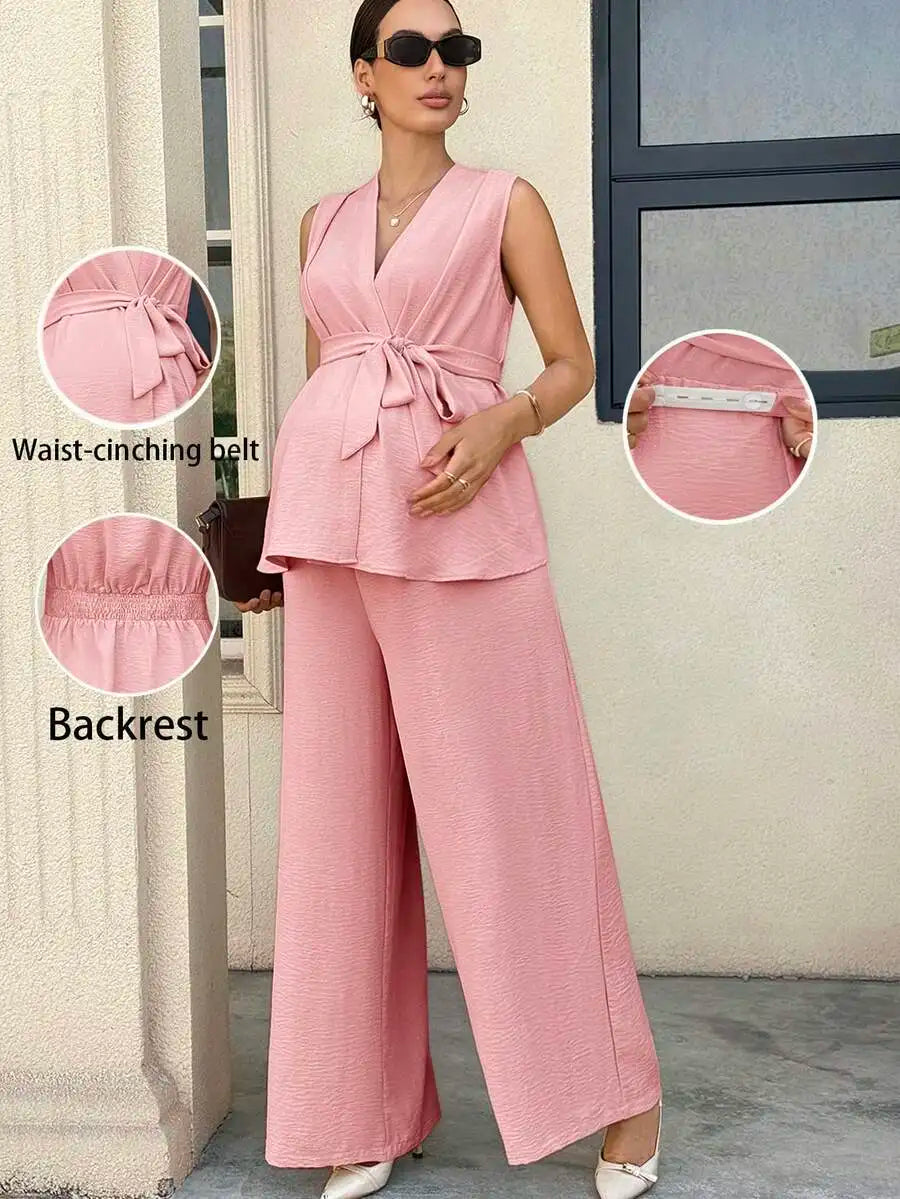 Maternity Two Piece Set Sleeveless Top With Belt And Wide Leg Pants Summer Elegant Outfit
