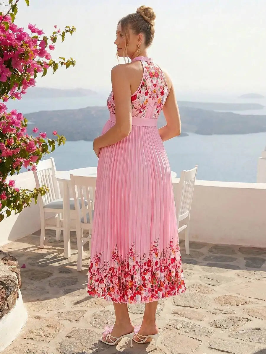 Elegant Floral Print Halter Pleated Maternity Dress For Summer